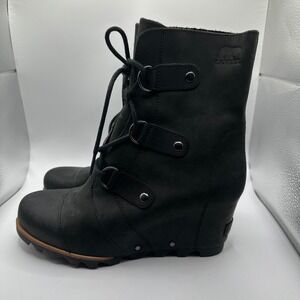 Sorel Lea hidden Wedge Boots Black Waterproof Leather Lace Up Womens 9